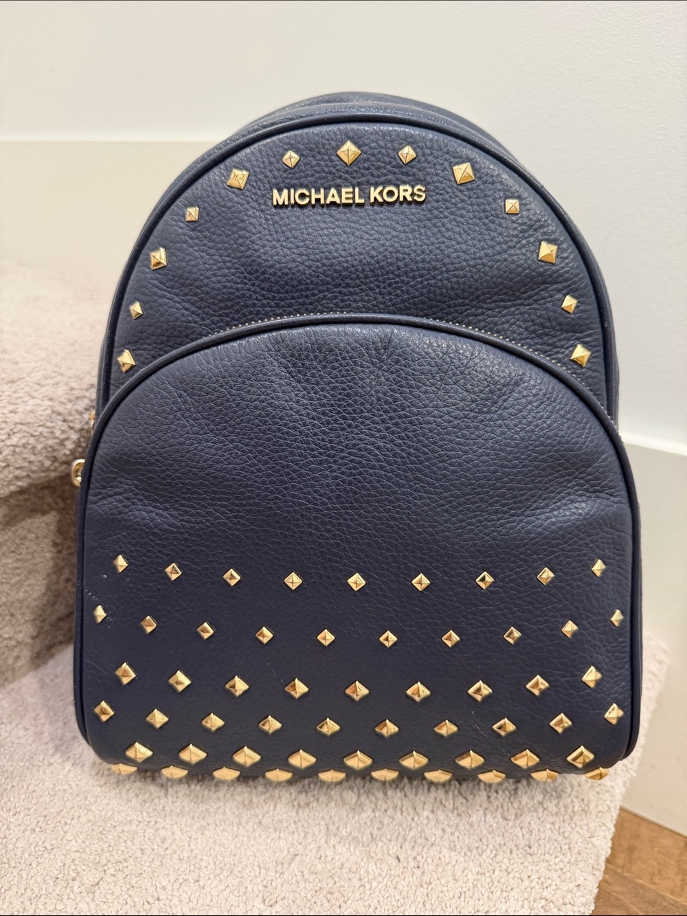 Michael Kors Navy Leather Backpack with Gold Studs